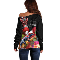 Aotearoa Toitu Te Tiriti Off Shoulder Sweater Waitangi-Honour The Treaty NZ Tuatara and Plants
