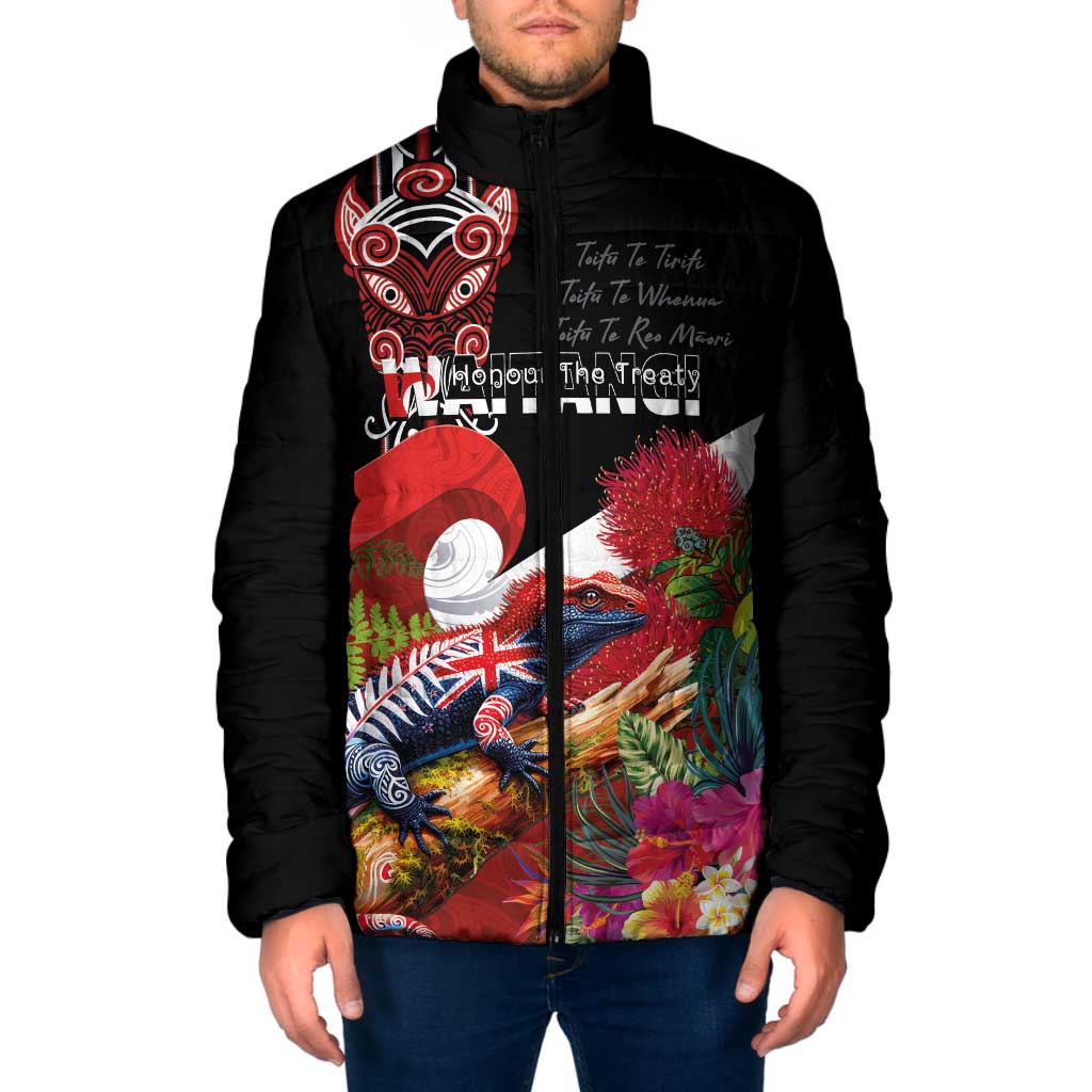 Aotearoa Toitu Te Tiriti Padded Jacket Waitangi-Honour The Treaty NZ Tuatara and Plants