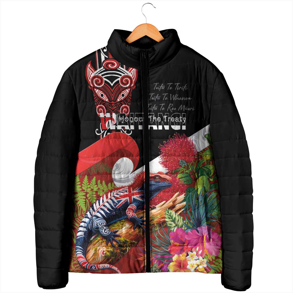 Aotearoa Toitu Te Tiriti Padded Jacket Waitangi-Honour The Treaty NZ Tuatara and Plants