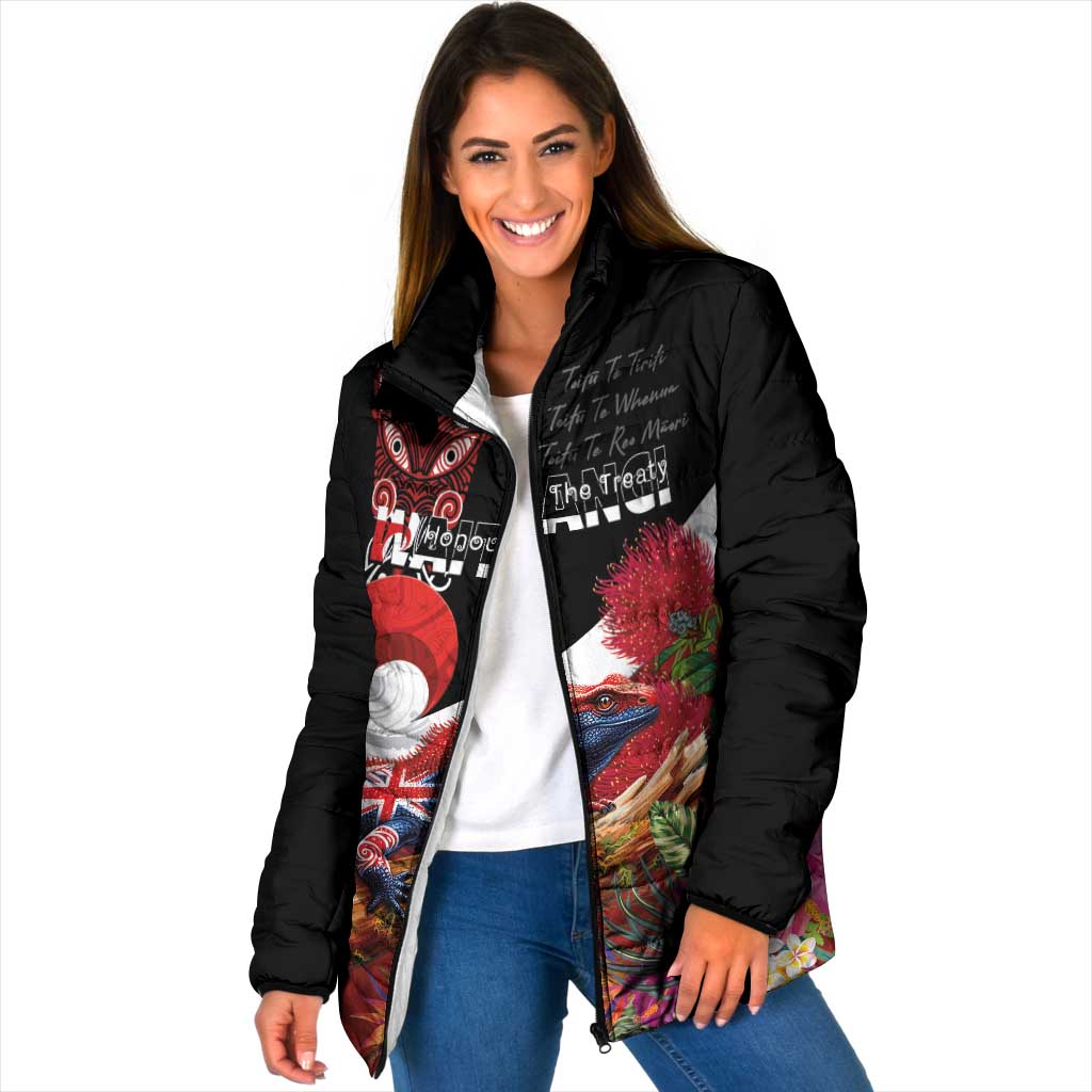 Aotearoa Toitu Te Tiriti Padded Jacket Waitangi-Honour The Treaty NZ Tuatara and Plants