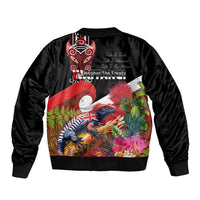 Aotearoa Toitu Te Tiriti Sleeve Zip Bomber Jacket Waitangi-Honour The Treaty NZ Tuatara and Plants