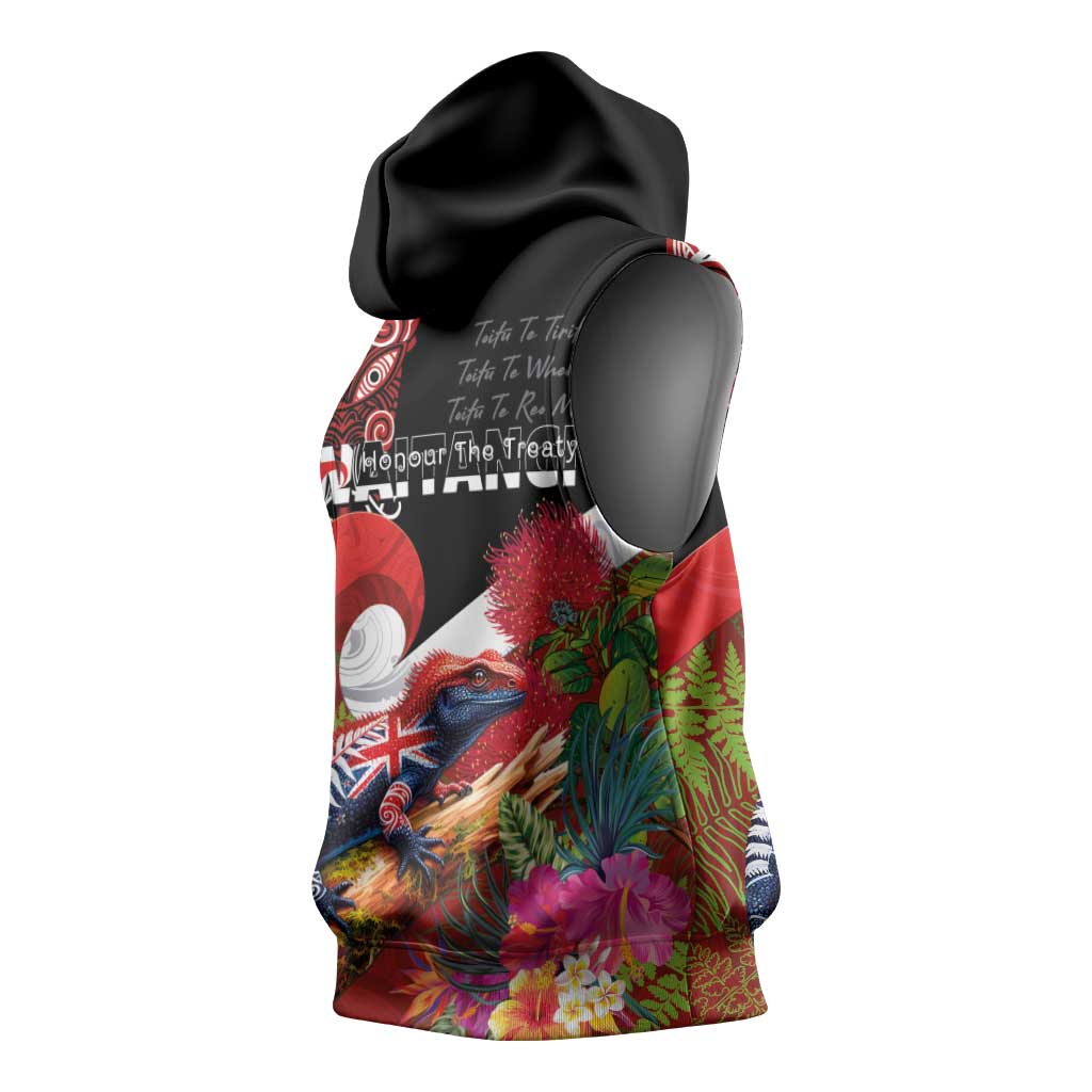 Aotearoa Toitu Te Tiriti Sleeveless Hoodie Waitangi-Honour The Treaty NZ Tuatara and Plants