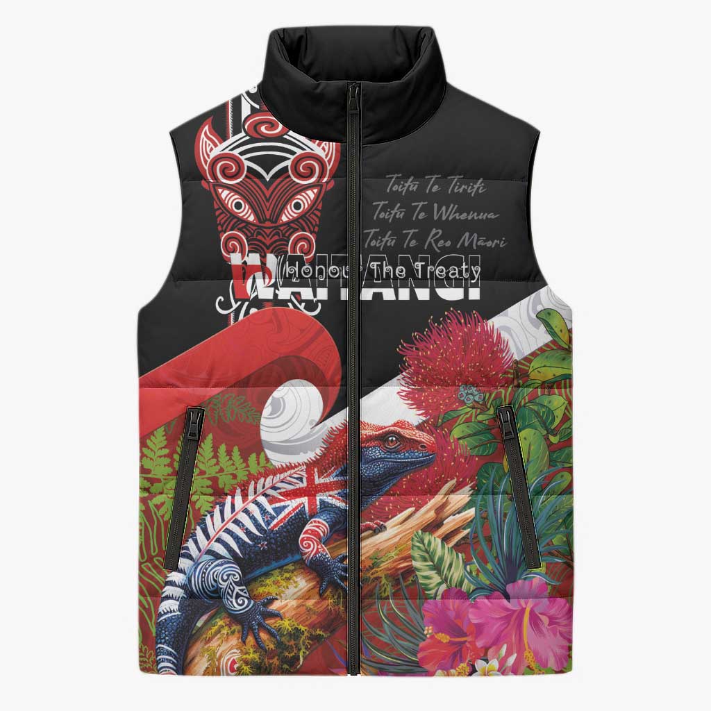 Aotearoa Toitu Te Tiriti Sleeveless Puffer Jacket Waitangi-Honour The Treaty NZ Tuatara and Plants