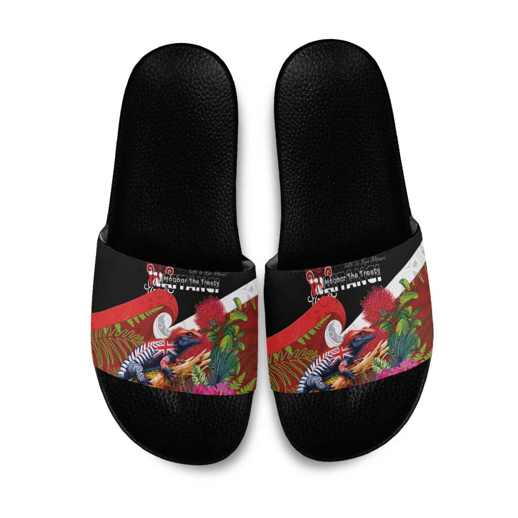 Aotearoa Toitu Te Tiriti Slide Sandals Waitangi-Honour The Treaty NZ Tuatara and Plants