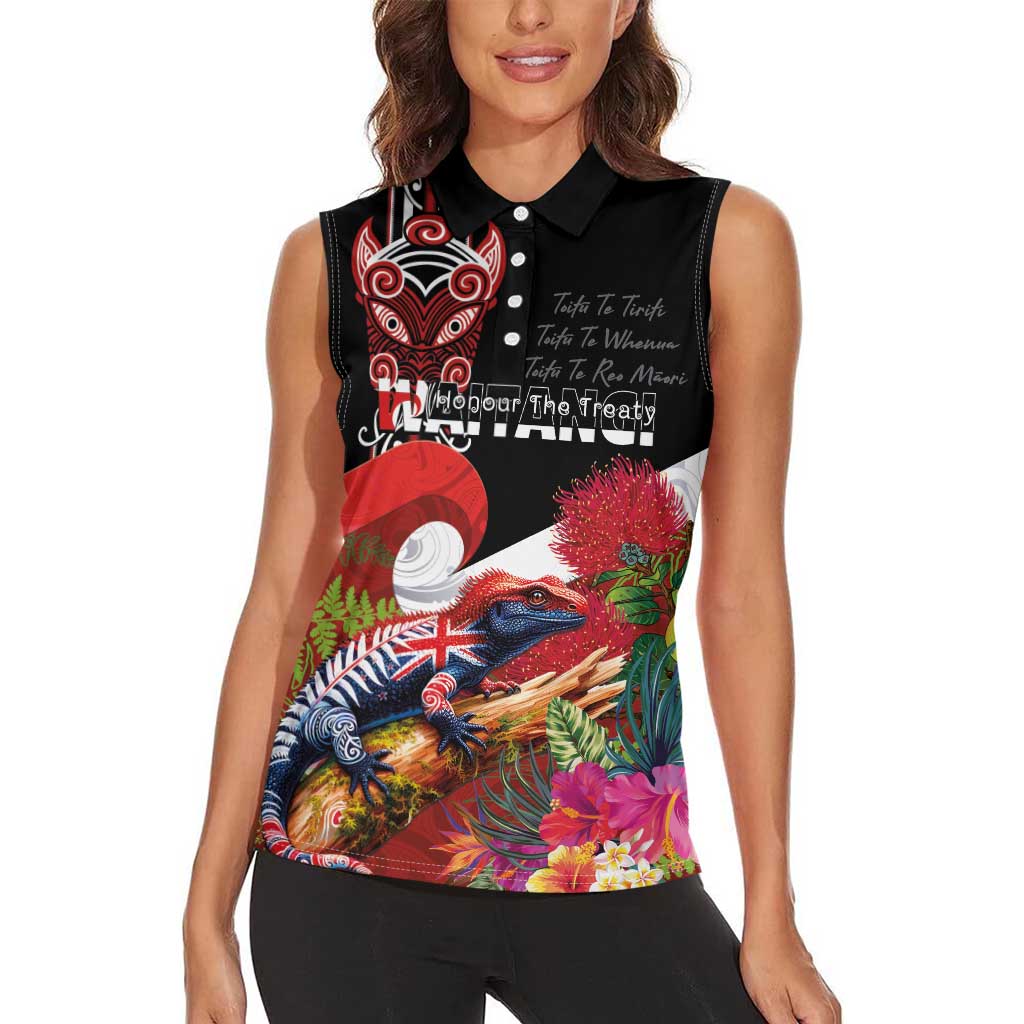 Aotearoa Toitu Te Tiriti Women Sleeveless Polo Shirt Waitangi-Honour The Treaty NZ Tuatara and Plants