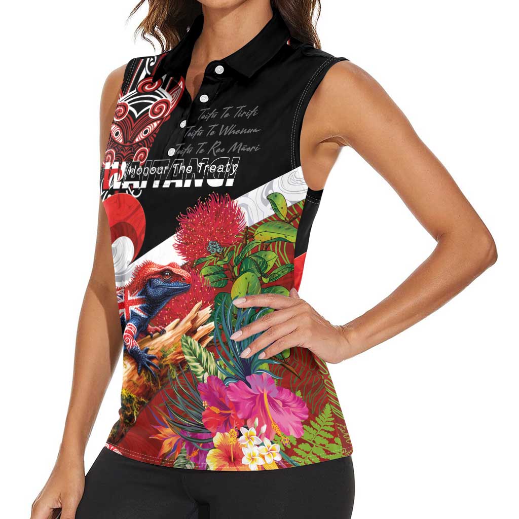 Aotearoa Toitu Te Tiriti Women Sleeveless Polo Shirt Waitangi-Honour The Treaty NZ Tuatara and Plants