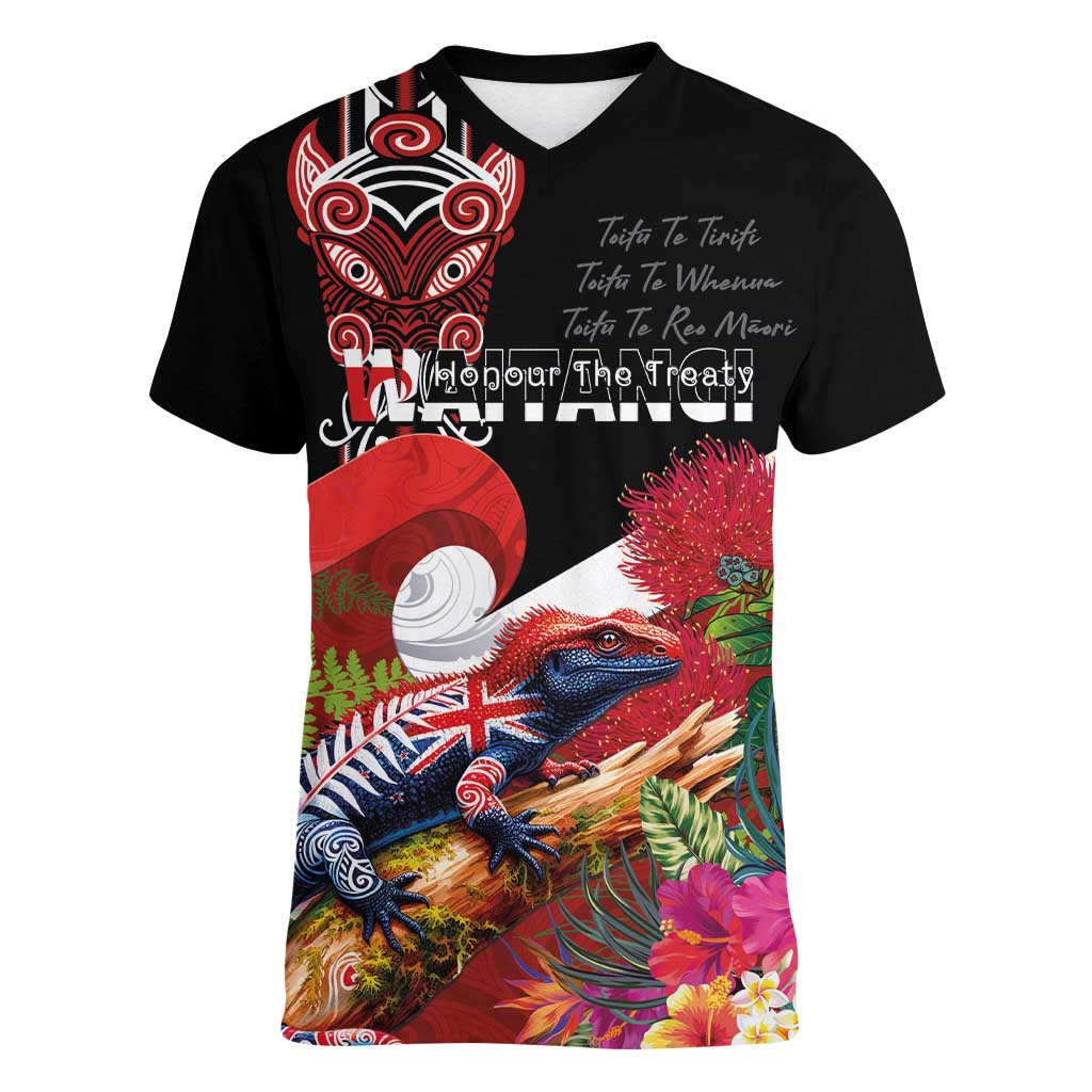 Aotearoa Toitu Te Tiriti Women V-Neck T-Shirt Waitangi-Honour The Treaty NZ Tuatara and Plants
