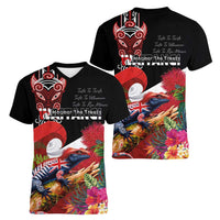 Aotearoa Toitu Te Tiriti Women V-Neck T-Shirt Waitangi-Honour The Treaty NZ Tuatara and Plants