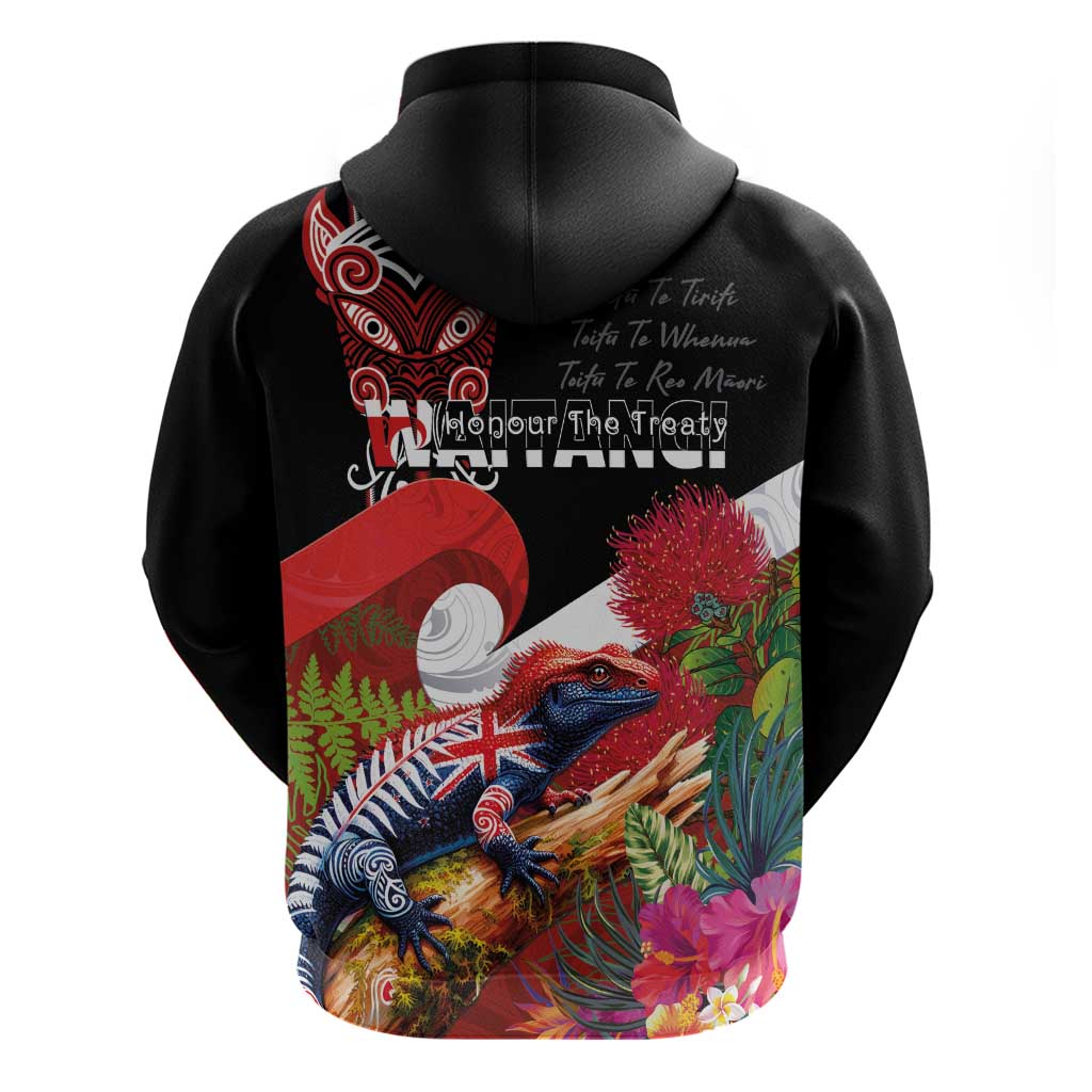 Aotearoa Toitu Te Tiriti Zip Hoodie Waitangi-Honour The Treaty NZ Tuatara and Plants