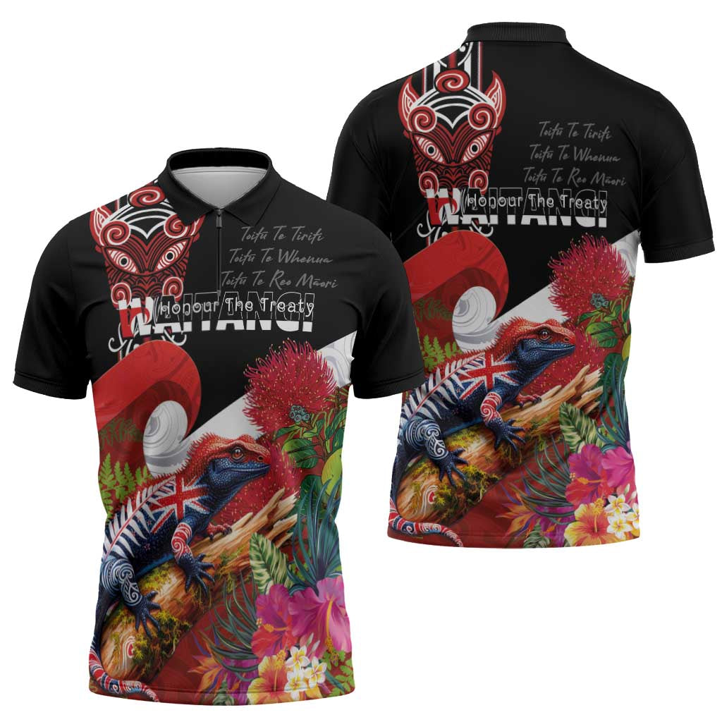 Aotearoa Toitu Te Tiriti Zipper Polo Shirt Waitangi-Honour The Treaty NZ Tuatara and Plants