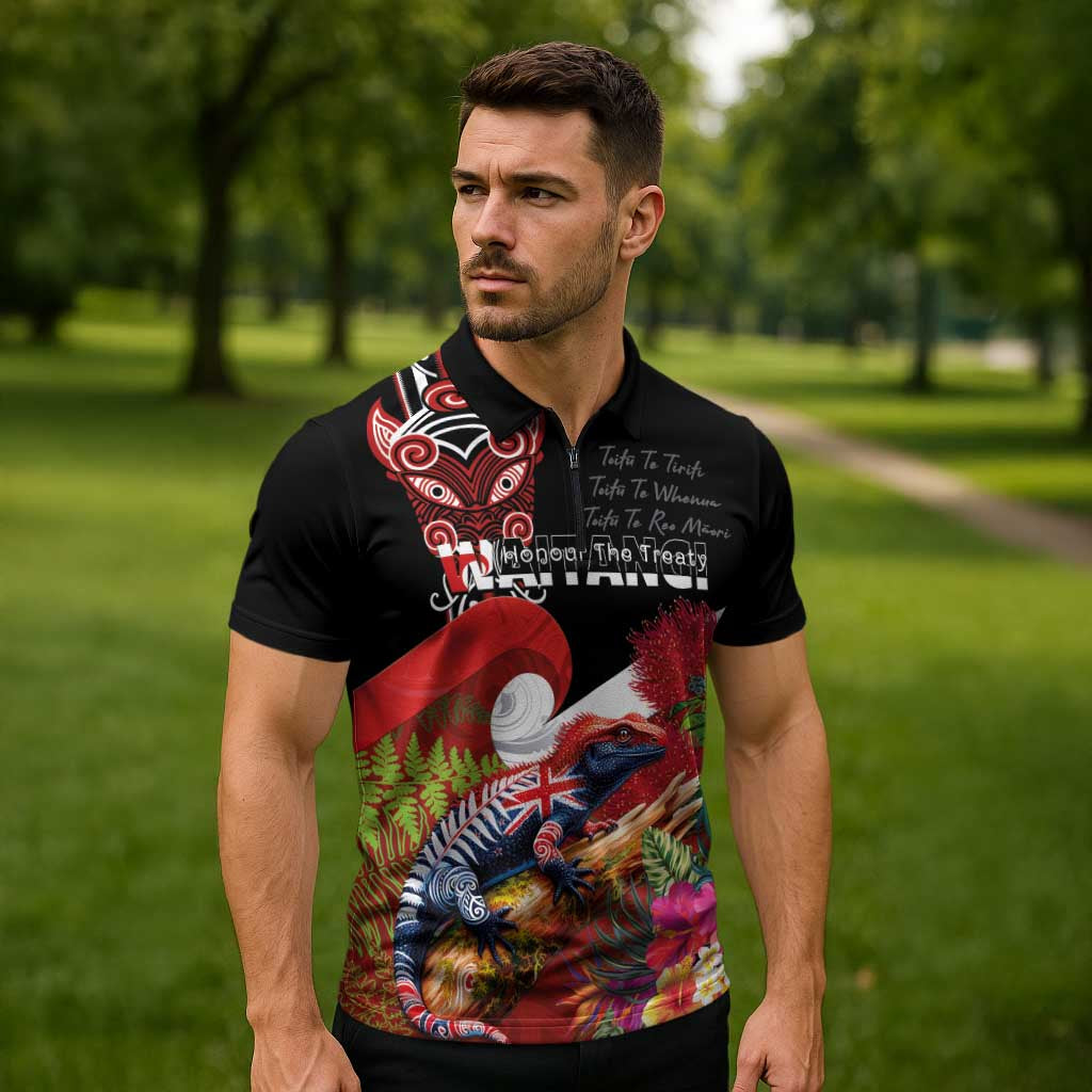 Aotearoa Toitu Te Tiriti Zipper Polo Shirt Waitangi-Honour The Treaty NZ Tuatara and Plants