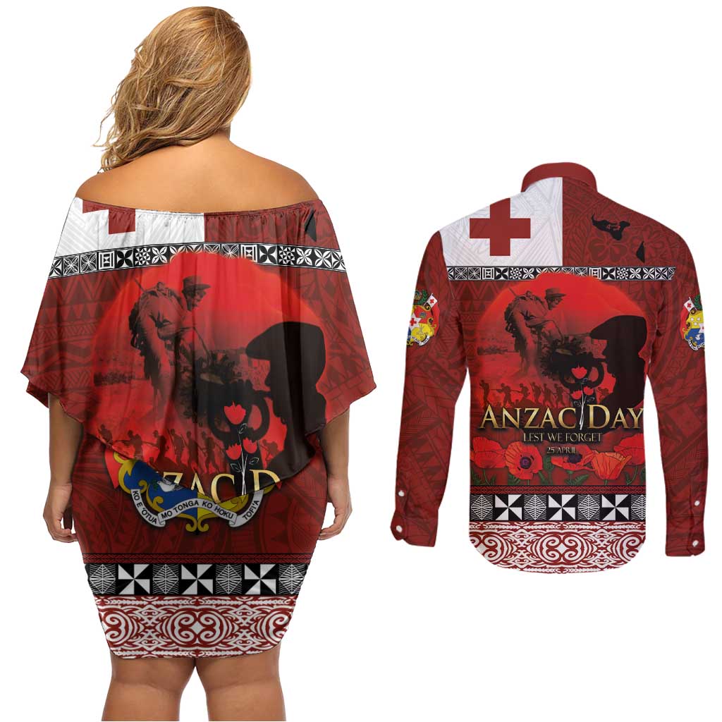 Tonga ANZAC Day Couples Matching Off Shoulder Short Dress and Long Sleeve Button Shirt Gallipoli Lest We Forget Ngatu Art Tribal