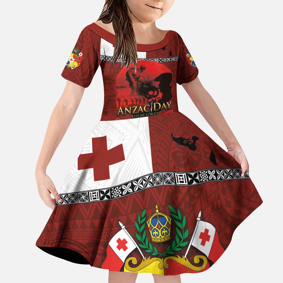 Tonga ANZAC Day Kid Short Sleeve Dress Gallipoli Lest We Forget Ngatu Art Tribal