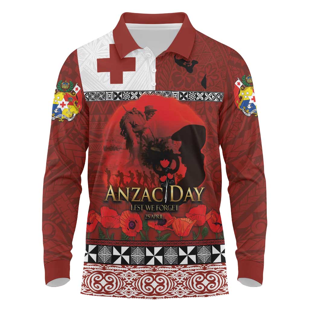 Tonga ANZAC Day Long Sleeve Polo Shirt Gallipoli Lest We Forget Ngatu Art Tribal LT03 Red - Polynesian Pride