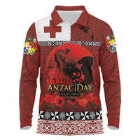 Tonga ANZAC Day Long Sleeve Polo Shirt Gallipoli Lest We Forget Ngatu Art Tribal LT03 Red - Polynesian Pride