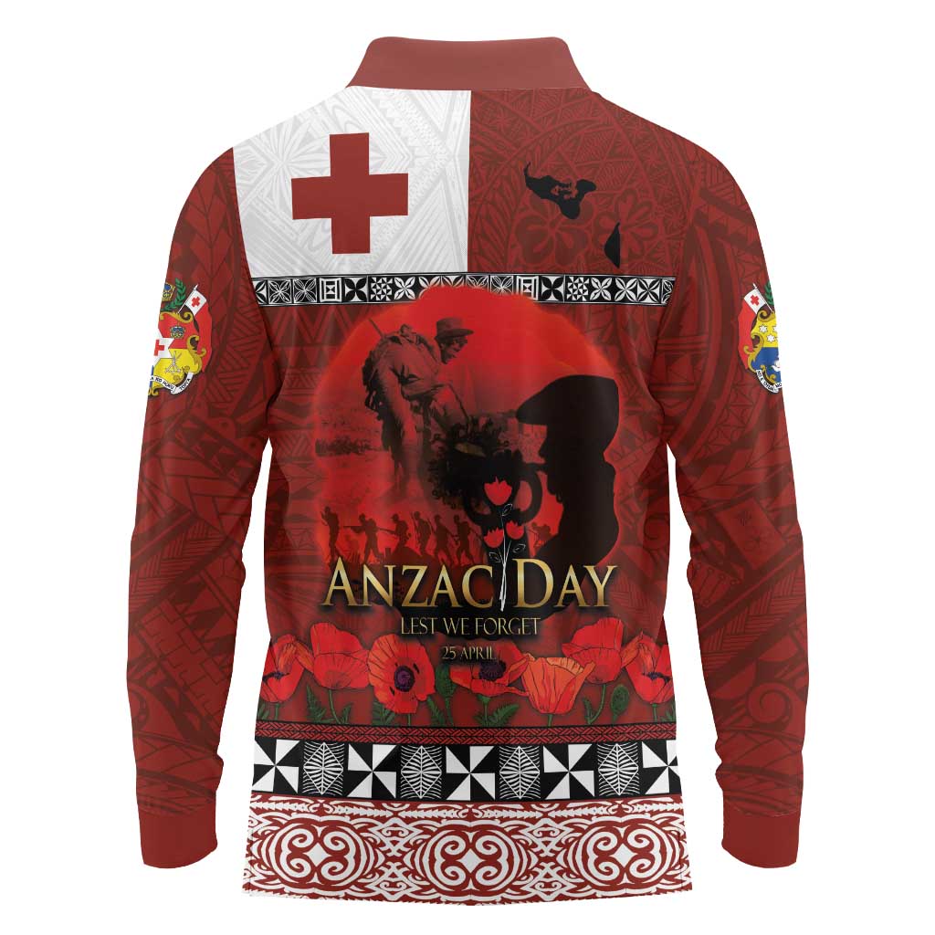 Tonga ANZAC Day Long Sleeve Polo Shirt Gallipoli Lest We Forget Ngatu Art Tribal LT03 - Polynesian Pride