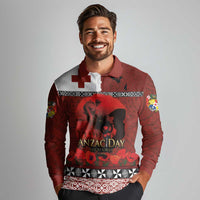 Tonga ANZAC Day Long Sleeve Polo Shirt Gallipoli Lest We Forget Ngatu Art Tribal LT03 - Polynesian Pride