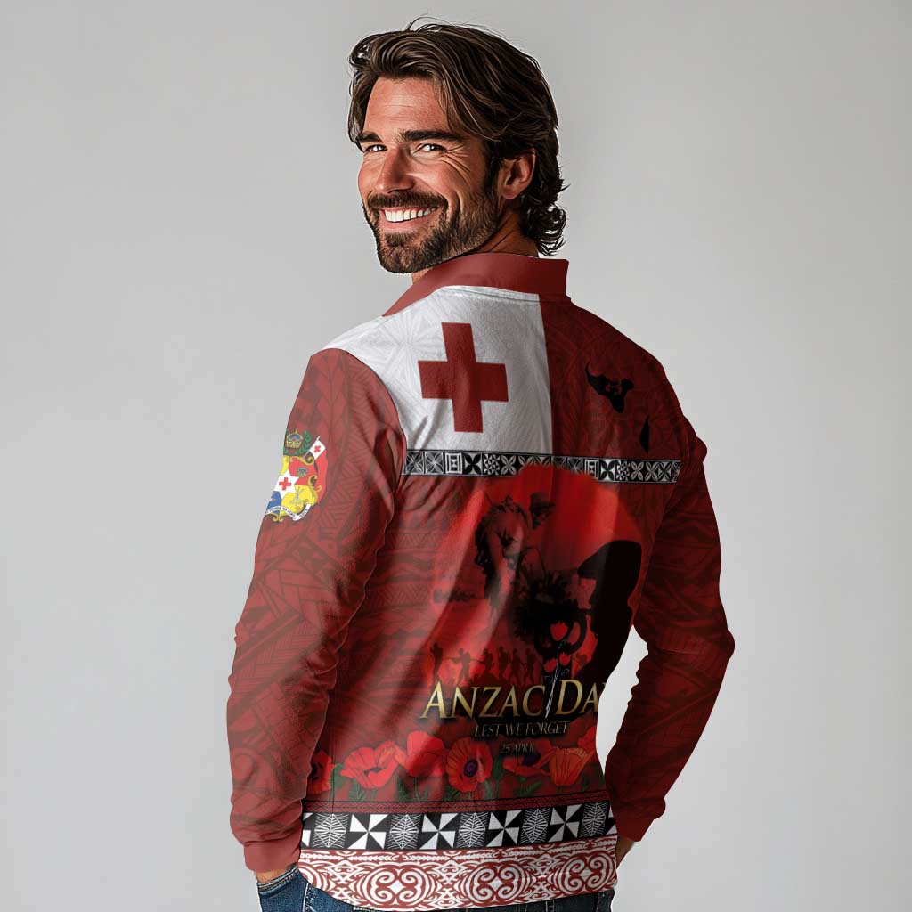 Tonga ANZAC Day Long Sleeve Polo Shirt Gallipoli Lest We Forget Ngatu Art Tribal LT03 - Polynesian Pride
