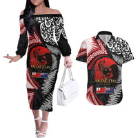 Tonga and New Zealand ANZAC Day Couples Matching Off The Shoulder Long Sleeve Dress and Hawaiian Shirt Gallipoli Lest We Forget Ngatu Art Tribal and Maori Tattoo with Fern LT03 Black - Polynesian Pride
