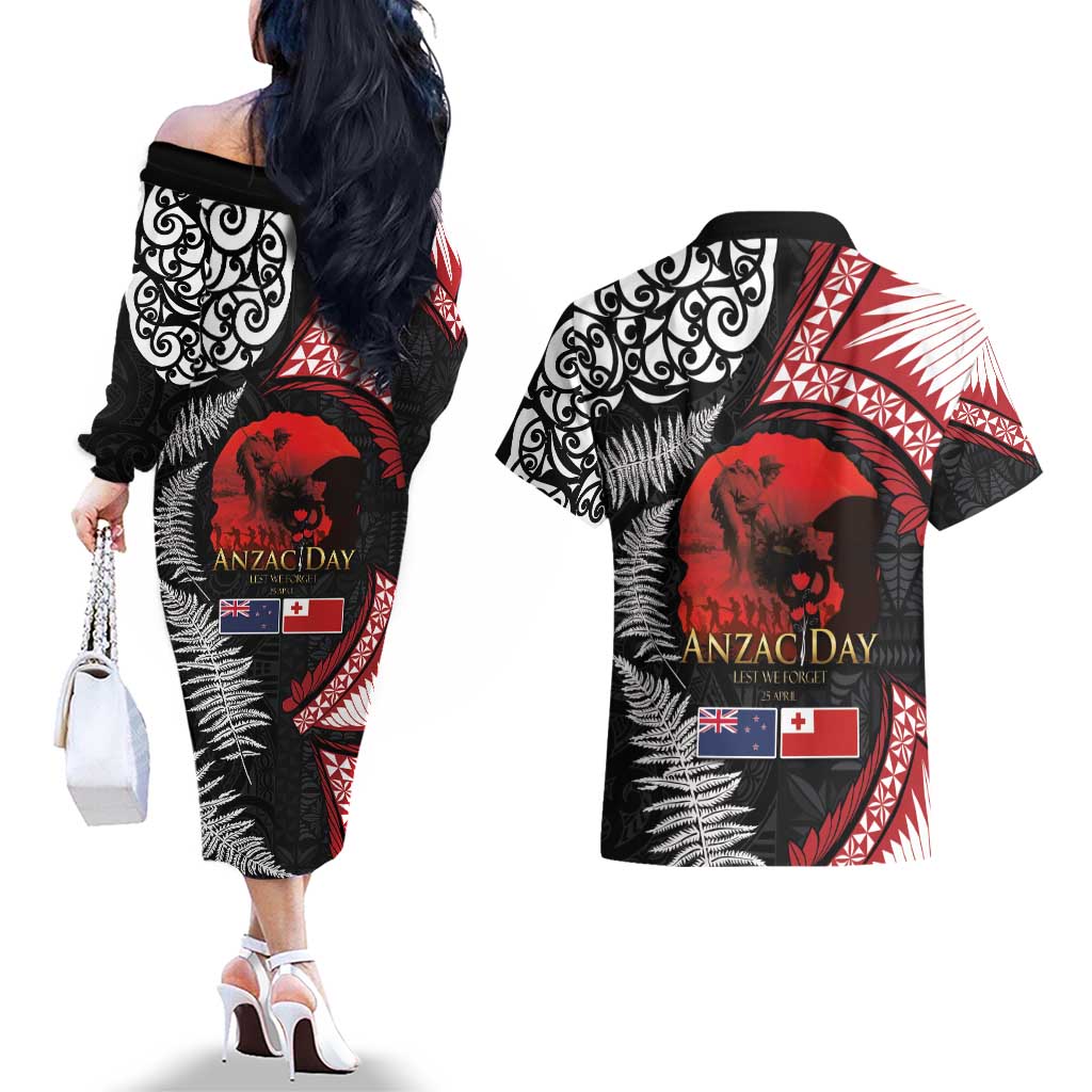 Tonga and New Zealand ANZAC Day Couples Matching Off The Shoulder Long Sleeve Dress and Hawaiian Shirt Gallipoli Lest We Forget Ngatu Art Tribal and Maori Tattoo with Fern LT03 - Polynesian Pride