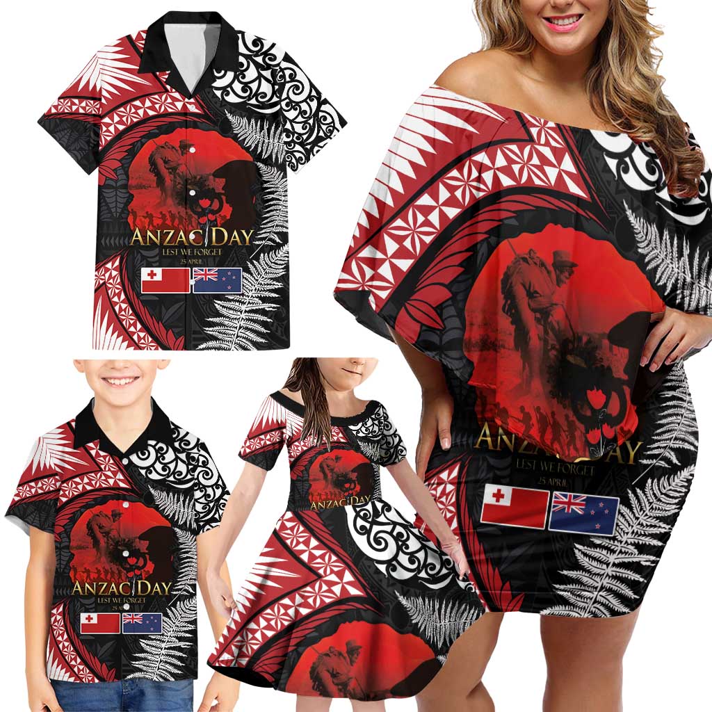 Tonga and New Zealand ANZAC Day Family Matching Off Shoulder Short Dress and Hawaiian Shirt Gallipoli Lest We Forget Ngatu Art Tribal and Maori Tattoo with Fern LT03