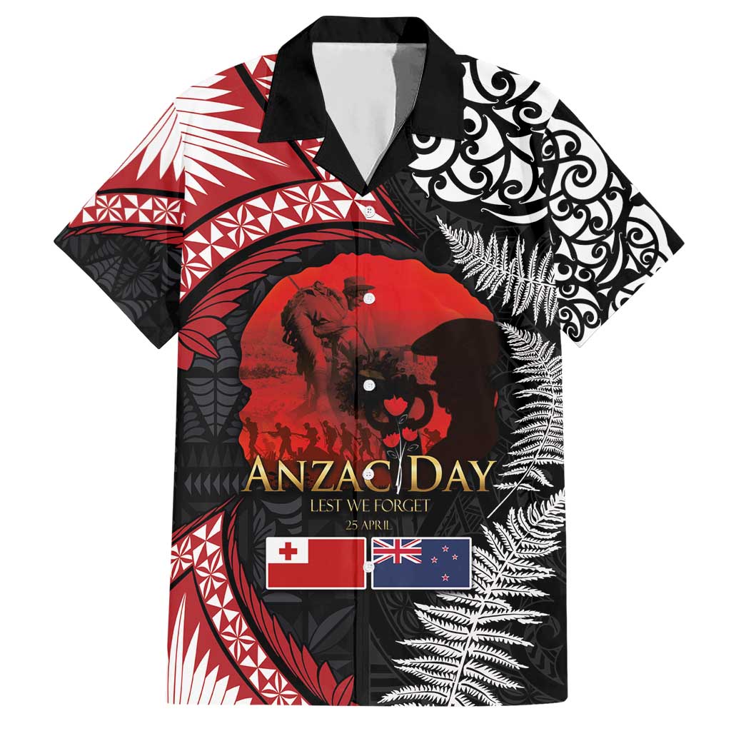 Tonga and New Zealand ANZAC Day Hawaiian Shirt Gallipoli Lest We Forget Ngatu Art Tribal and Maori Tattoo with Fern LT03