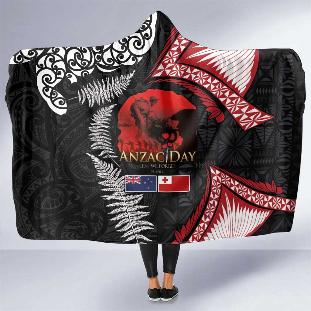 Tonga and New Zealand ANZAC Day Hooded Blanket Gallipoli Lest We Forget Ngatu Art Tribal and Maori Tattoo with Fern LT03 One Size Black - Polynesian Pride
