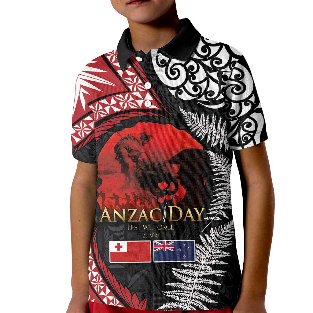 Tonga and New Zealand ANZAC Day Kid Polo Shirt Gallipoli Lest We Forget Ngatu Art Tribal and Maori Tattoo with Fern LT03