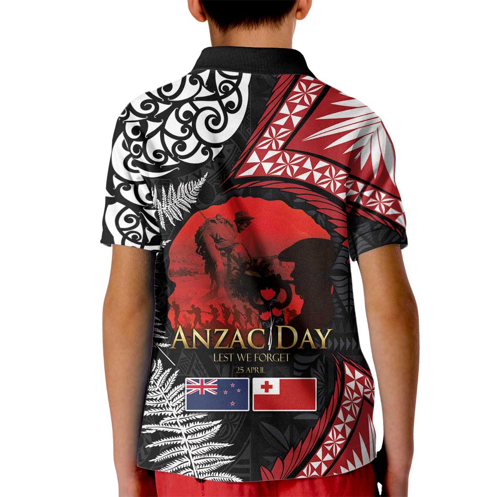 Tonga and New Zealand ANZAC Day Kid Polo Shirt Gallipoli Lest We Forget Ngatu Art Tribal and Maori Tattoo with Fern LT03