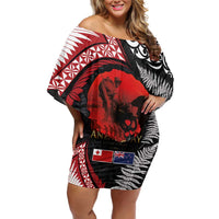 Tonga and New Zealand ANZAC Day Off Shoulder Short Dress Gallipoli Lest We Forget Ngatu Art Tribal and Maori Tattoo with Fern LT03