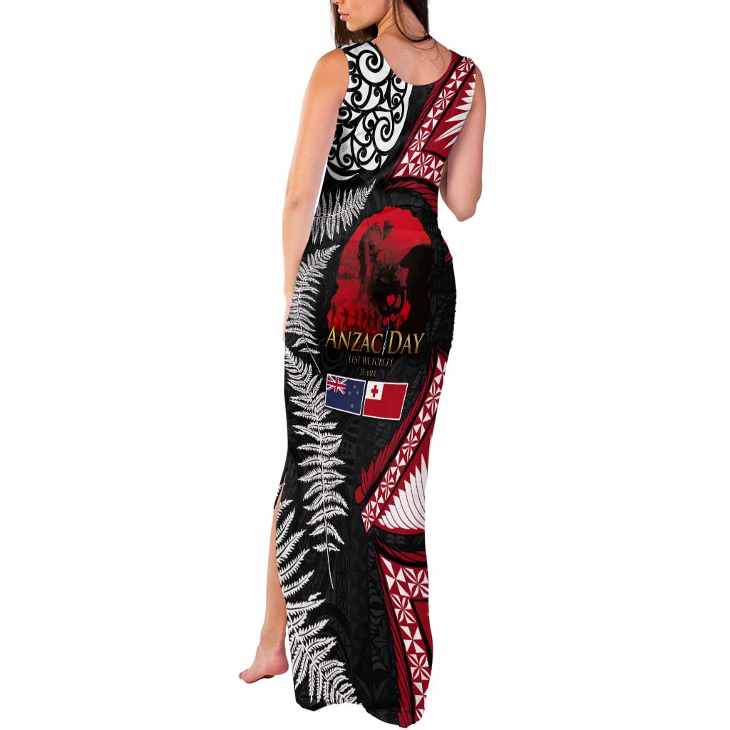 Tonga and New Zealand ANZAC Day Tank Maxi Dress Gallipoli Lest We Forget Ngatu Art Tribal and Maori Tattoo with Fern LT03