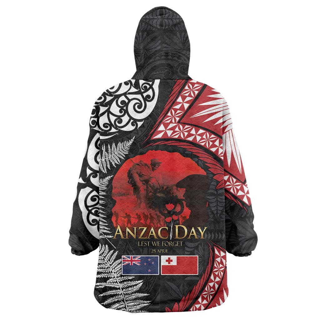 Tonga and New Zealand ANZAC Day Wearable Blanket Hoodie Gallipoli Lest We Forget Ngatu Art Tribal and Maori Tattoo with Fern LT03