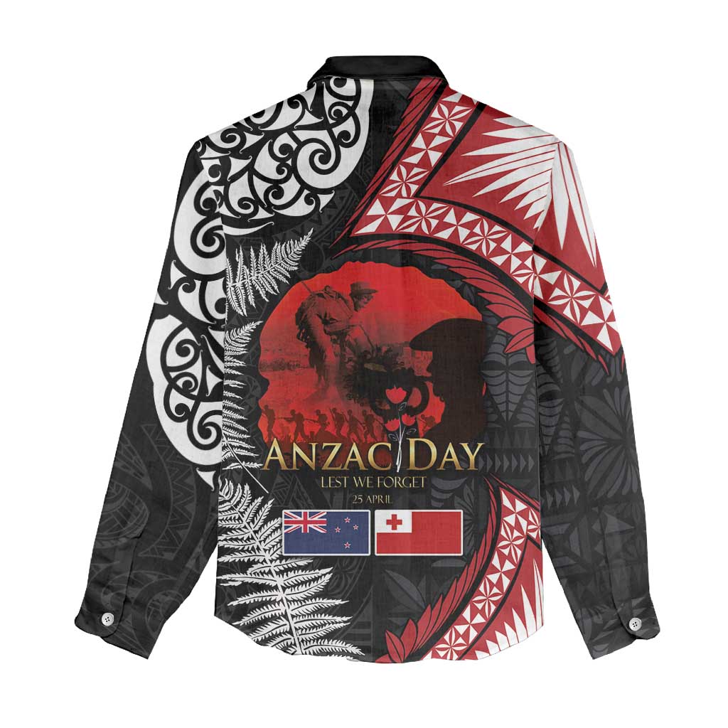 Tonga and New Zealand ANZAC Day Women Casual Shirt Gallipoli Lest We Forget Ngatu Art Tribal and Maori Tattoo with Fern LT03