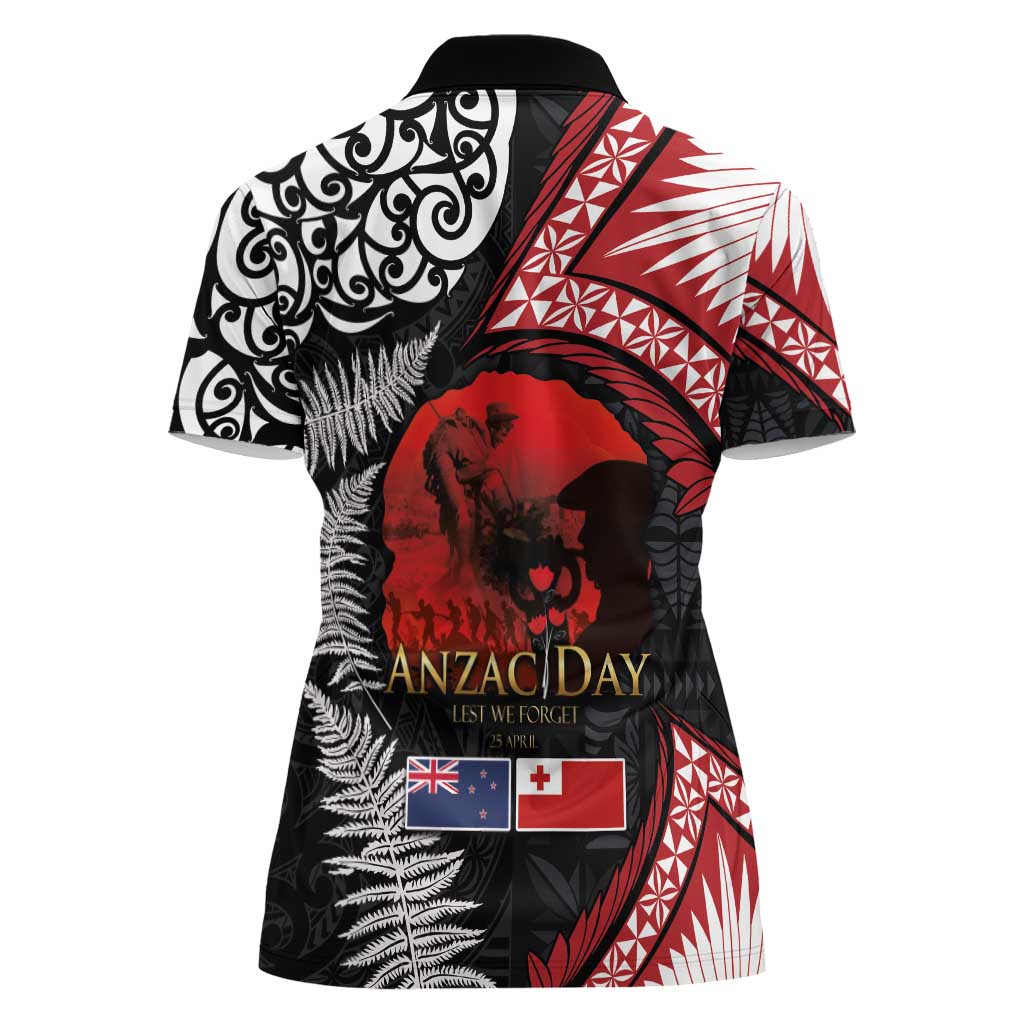Tonga and New Zealand ANZAC Day Women Polo Shirt Gallipoli Lest We Forget Ngatu Art Tribal and Maori Tattoo with Fern LT03