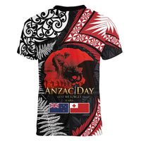 Tonga and New Zealand ANZAC Day Women V-Neck T-Shirt Gallipoli Lest We Forget Ngatu Art Tribal and Maori Tattoo with Fern LT03 - Polynesian Pride