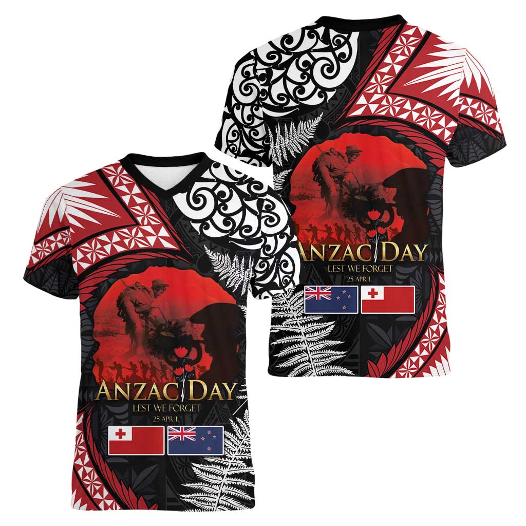 Tonga and New Zealand ANZAC Day Women V-Neck T-Shirt Gallipoli Lest We Forget Ngatu Art Tribal and Maori Tattoo with Fern LT03 - Polynesian Pride