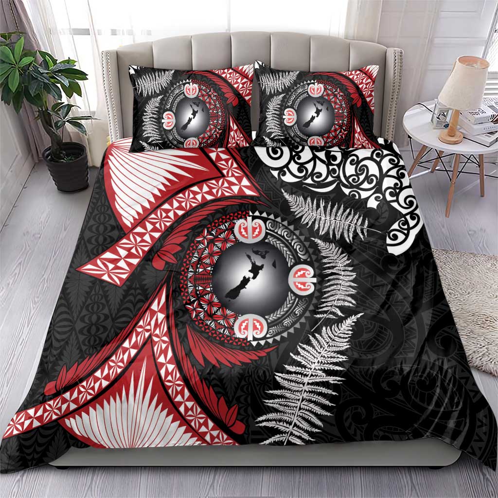Tonga and New Zealand Together Bedding Set Ngatu Art Tribal Maori Tattoo and Silver Fern