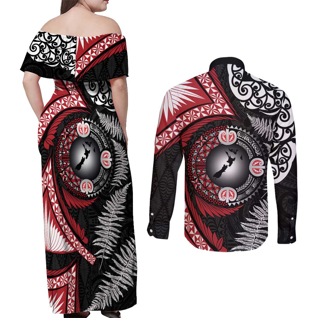Tonga and New Zealand Together Couples Matching Off Shoulder Maxi Dress and Long Sleeve Button Shirt Ngatu Art Tribal Maori Tattoo and Silver Fern
