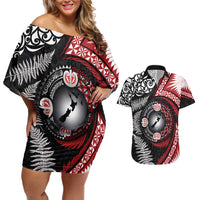 Tonga and New Zealand Together Couples Matching Off Shoulder Short Dress and Hawaiian Shirt Ngatu Art Tribal Maori Tattoo and Silver Fern