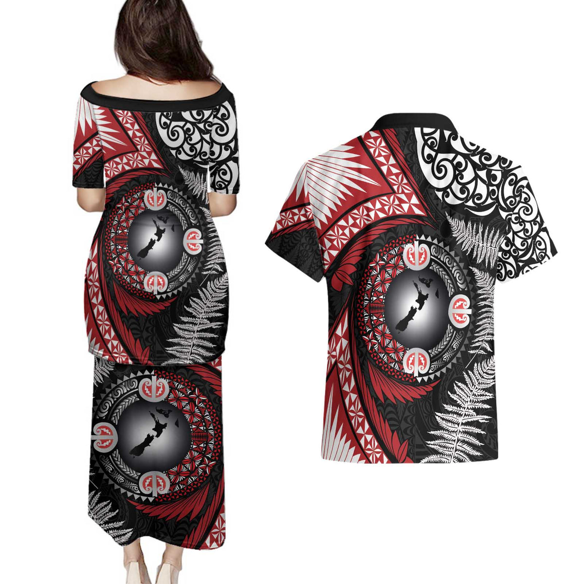 Tonga and New Zealand Together Couples Matching Puletasi and Hawaiian Shirt Ngatu Art Tribal Maori Tattoo and Silver Fern