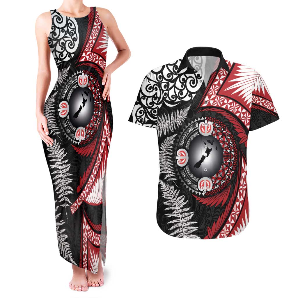 Tonga and New Zealand Together Couples Matching Tank Maxi Dress and Hawaiian Shirt Ngatu Art Tribal Maori Tattoo and Silver Fern LT03 Black - Polynesian Pride