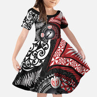Tonga and New Zealand Together Family Matching Long Sleeve Bodycon Dress and Hawaiian Shirt Ngatu Art Tribal Maori Tattoo and Silver Fern LT03 Daughter's Dress Black - Polynesian Pride