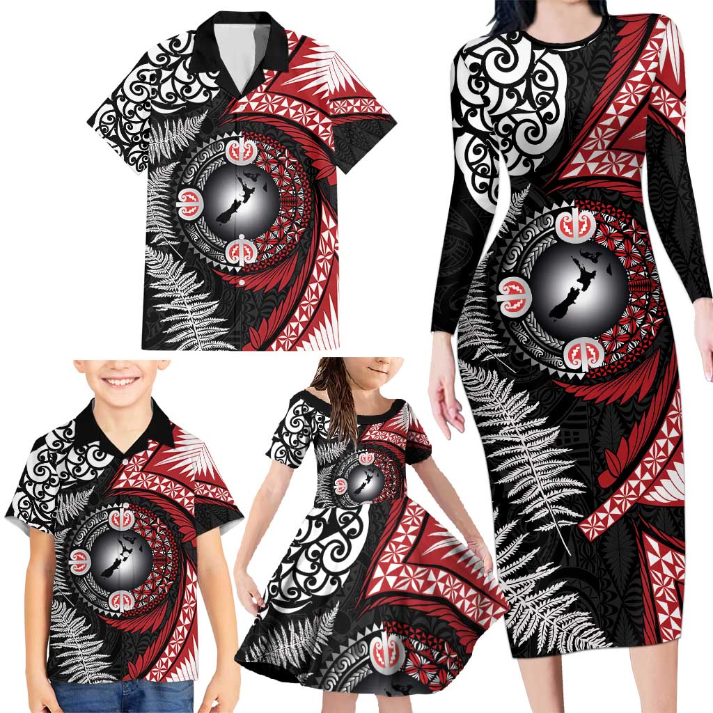 Tonga and New Zealand Together Family Matching Long Sleeve Bodycon Dress and Hawaiian Shirt Ngatu Art Tribal Maori Tattoo and Silver Fern LT03 - Polynesian Pride