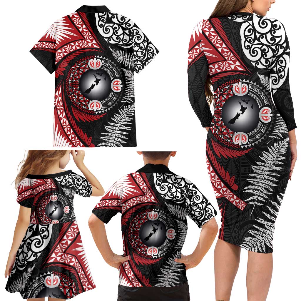 Tonga and New Zealand Together Family Matching Long Sleeve Bodycon Dress and Hawaiian Shirt Ngatu Art Tribal Maori Tattoo and Silver Fern LT03 - Polynesian Pride