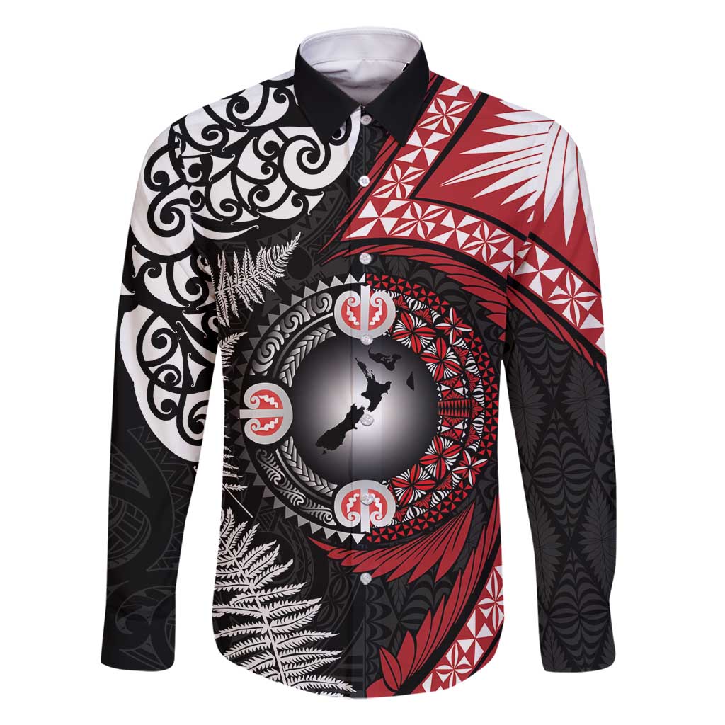 Tonga and New Zealand Together Family Matching Long Sleeve Bodycon Dress and Hawaiian Shirt Ngatu Art Tribal Maori Tattoo and Silver Fern LT03 Dad's Shirt - Long Sleeve Black - Polynesian Pride