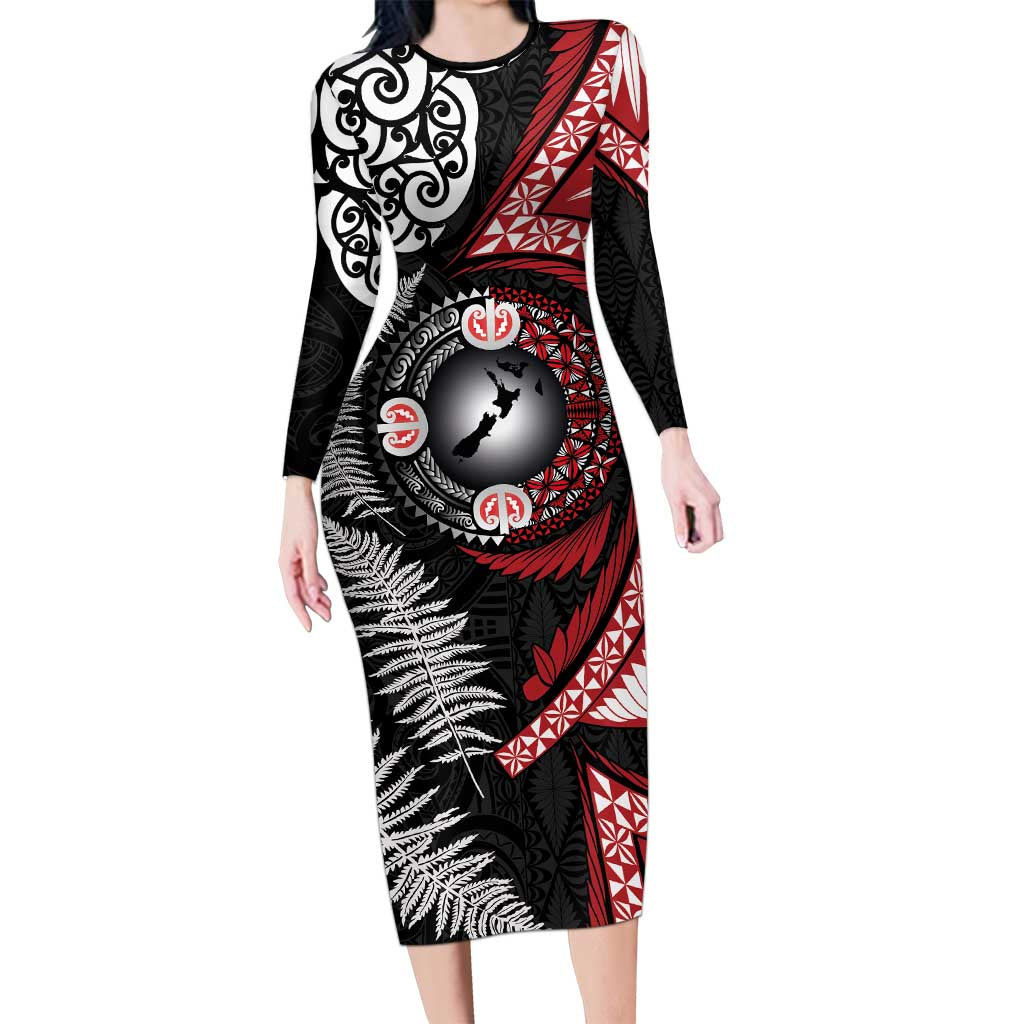 Tonga and New Zealand Together Family Matching Long Sleeve Bodycon Dress and Hawaiian Shirt Ngatu Art Tribal Maori Tattoo and Silver Fern LT03 Mom's Dress Black - Polynesian Pride