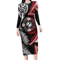 Tonga and New Zealand Together Family Matching Long Sleeve Bodycon Dress and Hawaiian Shirt Ngatu Art Tribal Maori Tattoo and Silver Fern LT03 Mom's Dress Black - Polynesian Pride