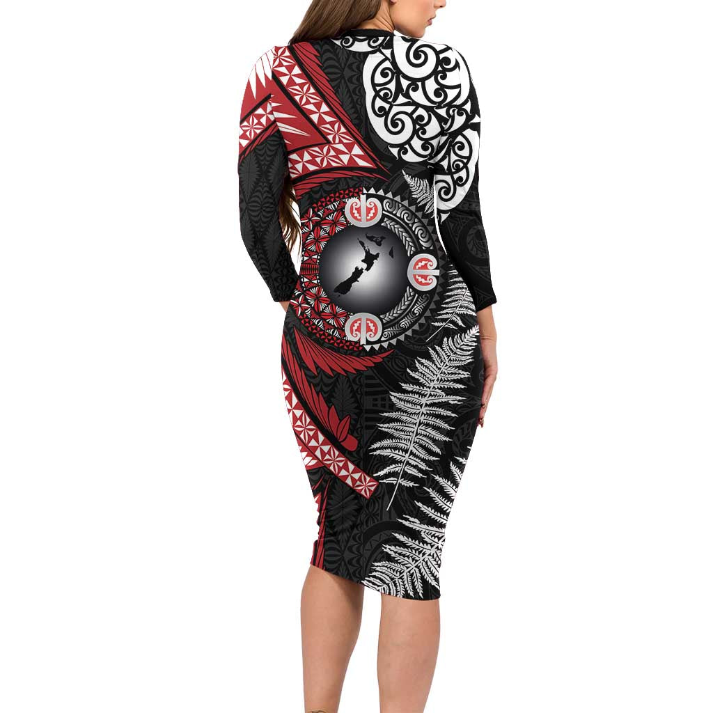 Tonga and New Zealand Together Family Matching Long Sleeve Bodycon Dress and Hawaiian Shirt Ngatu Art Tribal Maori Tattoo and Silver Fern LT03 - Polynesian Pride
