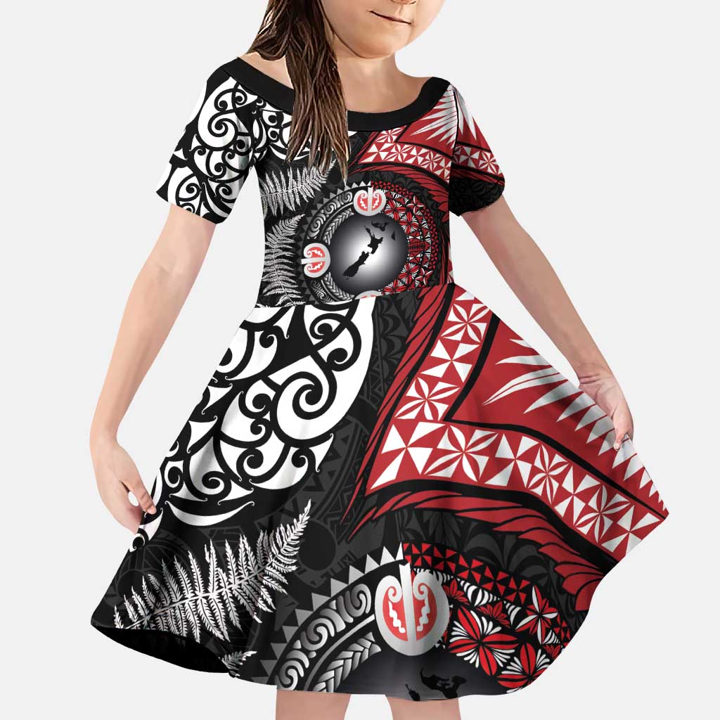 Tonga and New Zealand Together Family Matching Puletasi and Hawaiian Shirt Ngatu Art Tribal Maori Tattoo and Silver Fern LT03 Daughter's Dress Black - Polynesian Pride