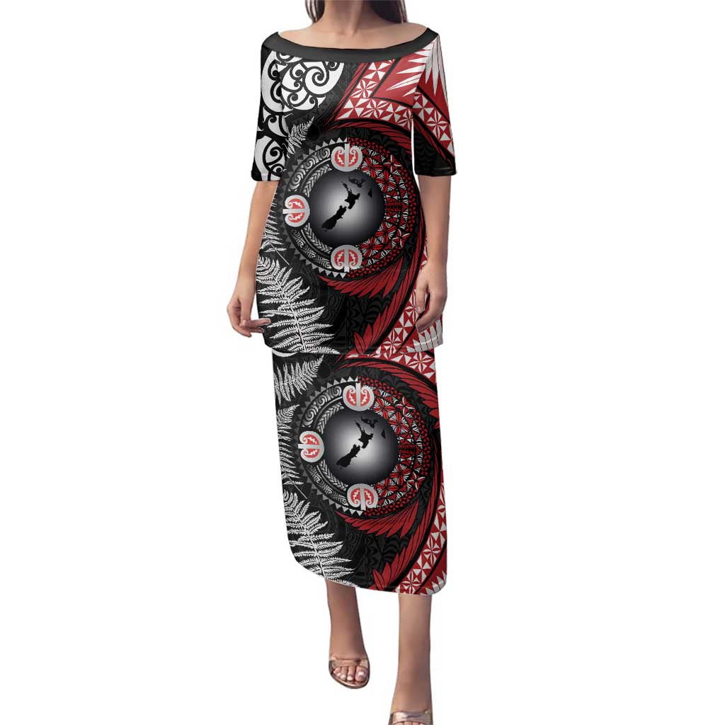 Tonga and New Zealand Together Family Matching Puletasi and Hawaiian Shirt Ngatu Art Tribal Maori Tattoo and Silver Fern LT03 Mom's Dress Black - Polynesian Pride